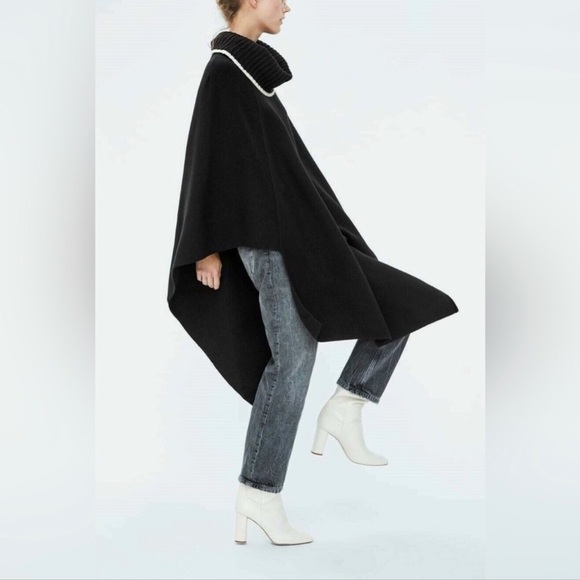 ZARA NWOT Black knit kaftan sweater, cowl neck with white trim. Side splits SZ:M - Picture 3 of 4